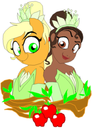 Size: 639x886 | Tagged: safe, artist:terry, applejack, earth pony, human, semi-anthro, g4, apple, clothes, disney, disney princess, dress, duo, female, simple background, the princess and the frog, tiana, wood