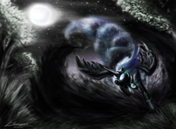 Size: 1680x1232 | Tagged: safe, artist:huussii, nightmare moon, alicorn, pony, g4, female, glowing eyes, mare, moon, night, running, solo, stars