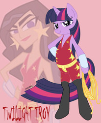 Size: 1053x1280 | Tagged: safe, artist:raptorsr, twilight sparkle, human, semi-anthro, g4, clothes, costume, dc comics, donna troy, duo, female, pink background, self paradox, simple background, super best friends forever, superhero, wonder girl