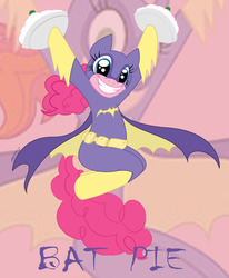 Size: 1053x1280 | Tagged: safe, artist:raptorsr, pinkie pie, earth pony, pony, g4, batgirl, clothes, costume, dc comics, female, food, mare, pie, super best friends forever, superhero