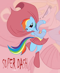 Size: 1053x1280 | Tagged: safe, artist:raptorsr, rainbow dash, human, semi-anthro, g4, clothes, costume, dc comics, duo, female, pink background, simple background, solo focus, super best friends forever, supergirl, superhero