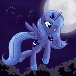 Size: 1050x1050 | Tagged: safe, artist:bamboodog, princess luna, alicorn, pony, g4, female, flying, mare, moon, music notes, night, s1 luna, singing, solo