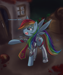 Size: 880x1040 | Tagged: safe, artist:bamboodog, rainbow dash, pegasus, pony, g4, armor, broken window, female, mare, raised hoof, solo