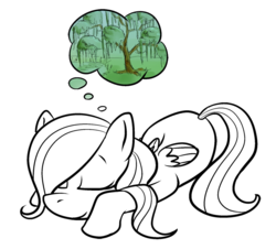 Size: 800x722 | Tagged: safe, artist:lowkey, fluttershy, pegasus, pony, g4, dream, female, filly, i'd like to be a tree, simple background, sleeping, solo, tree, young
