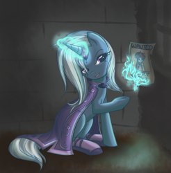 Size: 982x998 | Tagged: safe, artist:bamboodog, trixie, twilight sparkle, pony, unicorn, g4, clothes, female, glowing horn, horn, lidded eyes, magic, mare, shoes, sitting, smiling, solo, telekinesis, wanted poster