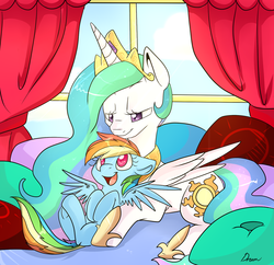 Size: 1500x1450 | Tagged: safe, artist:lustrous-dreams, princess celestia, rainbow dash, alicorn, pegasus, pony, fanfic:rainbooms and royalty, g4, commission, cute, dashabetes, duo, female, filly, foal, lidded eyes, lying down, mare, momlestia, prone, signature