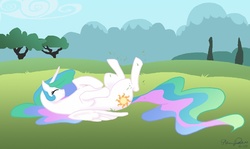 Size: 1000x597 | Tagged: dead source, safe, artist:glittering-pony, princess celestia, alicorn, pony, g4, cute, cutelestia, eyes closed, female, grass, horses doing horse things, mare, meadow, on back, rolling, sillestia, solo