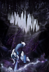 Size: 2408x3494 | Tagged: safe, artist:miradge, artist:noel, trixie, alicorn, bat pony, bat pony alicorn, pony, g4, alicornified, cave, colored wings, crepuscular rays, crying, female, hat, high res, mare, race swap, solo, stalactite, stalagmite, starry wings, trixiecorn, wings