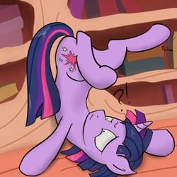 Size: 560x560 | Tagged: safe, artist:muffinsforever, twilight sparkle, pony, unicorn, g4, dusk shine, exclamation point, female to male, golden oaks library, implied transformation, implied transgender transformation, interrobang, male, post-transformation, question mark, rule 63, solo, stallion, transformation, unicorn dusk shine, unicorn twilight, upside down