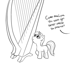 Size: 900x812 | Tagged: safe, artist:lowkey, lyra heartstrings, pony, unicorn, g4, female, filly, harp, looking up, monochrome, musical instrument, simple background, solo, young