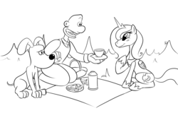 Size: 900x577 | Tagged: safe, artist:lowkey, princess luna, alicorn, pony, g4, a grand day out, aardman animations, basket, blushing, cheese, crossover, crown, female, gromit, horseshoes, jewelry, lineart, mare, monochrome, moon, necklace, open mouth, picnic, picnic basket, regalia, s1 luna, saucer, sitting, smiling, tea, thermos, wallace, wallace and gromit