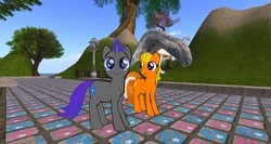 Size: 1920x1021 | Tagged: safe, artist:kiki-foxkitty, oc, oc only, oc:carat, oc:dreamsicle, earth pony, pony, unicorn, 3d, duo, hill, lamppost, second life, tree