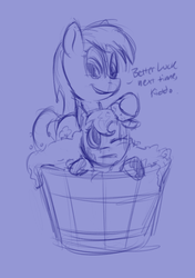 Size: 754x1070 | Tagged: safe, artist:lowkey, rainbow dash, scootaloo, pegasus, pony, g4, bath, female, filly, forced bathing, mare, monochrome, sap, scootalove, simple background