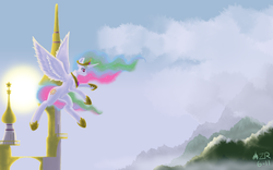 Size: 2400x1500 | Tagged: safe, artist:sagebrushpony, princess celestia, alicorn, pony, g4, canterlot, female, flying, mare, solo, sun