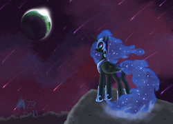 Size: 2160x1556 | Tagged: safe, artist:sagebrushpony, nightmare moon, alicorn, pony, g4, angry, banishment, female, mare, meteor shower, moon, night sky, sky, solo