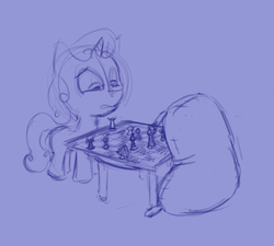 Size: 738x664 | Tagged: safe, artist:lowkey, madame leflour, sweetie belle, pony, unicorn, g4, checkmate, chess, chessboard, female, filly, monochrome, simple background