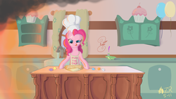 Size: 1920x1080 | Tagged: safe, artist:sagebrushpony, gummy, pinkie pie, earth pony, pony, g4, apron, baking, bipedal, chef's hat, clothes, cooking, female, fire, food, hat, kitchen, mare, rolling pin, tongue out, wallpaper