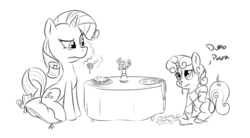 Size: 900x496 | Tagged: safe, artist:lowkey, rarity, sweetie belle, pony, unicorn, g4, cushion, dinner, dumb fabric, female, filly, food, magic, mare, meatball, messy, messy eating, monochrome, pasta, ponies eating meat, simple background, sitting, spaghetti, sweetie fail