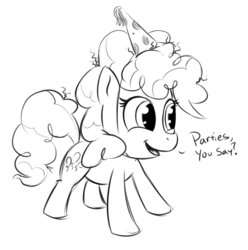 Size: 900x906 | Tagged: safe, artist:lowkey, pinkie pie, earth pony, pony, g4, female, filly, hat, monochrome, party hat, simple background, solo, young
