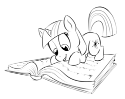 Size: 900x716 | Tagged: safe, artist:lowkey, twilight sparkle, pony, unicorn, g4, book, female, filly, monochrome, reading, simple background, solo, young