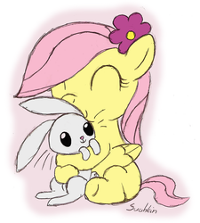 Size: 897x996 | Tagged: safe, artist:suahkin, angel bunny, fluttershy, pegasus, pony, g4, angelbetes, cute, eyes closed, female, filly, filly fluttershy, flower, flower in hair, foal, hug, shyabetes, sitting, younger