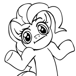 Size: 945x945 | Tagged: safe, artist:megasweet, pinkie pie, earth pony, pony, g4, :i, artifact, female, i dunno lol, looking at you, mare, monochrome, reaction image, shrug, shrugpony, simple background, solo, the original