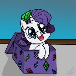 Size: 1080x1080 | Tagged: safe, artist:bosontar, rarity, pony, unicorn, g4, box, cute, female, filly, foal, looking at you, pony in a box, present, solo