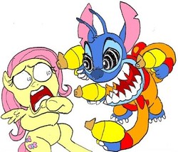 Size: 457x392 | Tagged: safe, artist:terry, fluttershy, alien, pegasus, pony, g4, crossover, disney, duo, duo male and female, experiment 626, female, lilo and stitch, male, mare, shocked, simple background, stitch, weapon, white background