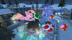 Size: 1920x1080 | Tagged: safe, artist:kiki-foxkitty, derpy hooves, trixie, pegasus, pony, unicorn, g4, 3d, christmas, duo, female, flying, gmod, lamppost, mare, night, present, tree, wallpaper, winter, wreath