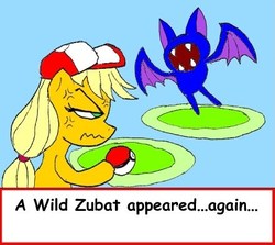 Size: 441x394 | Tagged: safe, artist:terry, applejack, earth pony, pony, zubat, g4, annoyed, crossover, female, hilarious in hindsight, mare, poké ball, pokémon, pokémon battle