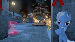 Size: 1920x1080 | Tagged: safe, artist:kiki-foxkitty, applejack, pinkie pie, trixie, earth pony, pony, unicorn, g4, 3d, arson, bench, bipedal, christmas, christmas is cancelled, christmas tree, evil smile, female, fire, gmod, lamppost, looking at you, night, sad, slasher smile, smiling, tree, wallpaper, winter, you monster