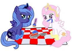 Size: 609x428 | Tagged: safe, artist:eirofox, princess celestia, princess luna, alicorn, pony, g4, cake, cewestia, cute, eyes on the prize, female, filly, foal, frown, glare, grin, levitation, magic, picnic, pink-mane celestia, simple background, sitting, smiling, squee, stealing, telekinesis, unamused, white background, woona