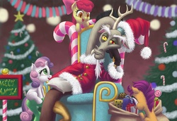 Size: 1250x862 | Tagged: safe, artist:dalapony, apple bloom, discord, scootaloo, sweetie belle, earth pony, pegasus, pony, unicorn, g4, candy bar, christmas, christmas tree, clothes, costume, cutie mark crusaders, female, filly, foal, hat, present, santa claus, santa costume, santa hat, sitting, tree