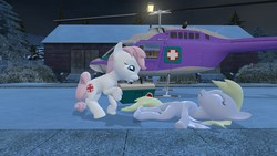 Size: 1920x1080 | Tagged: safe, artist:kiki-foxkitty, derpy hooves, nurse redheart, earth pony, pegasus, pony, g4, 3d, female, gmod, helicopter, mare, wallpaper