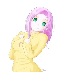 Size: 900x1015 | Tagged: safe, artist:derpiihooves, fluttershy, human, g4, clothes, female, humanized, looking at you, simple background, smiling, solo, sweater, sweatershy, white background