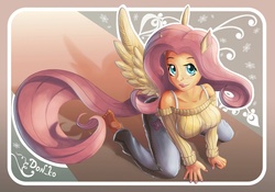 Size: 1024x715 | Tagged: safe, artist:don-ko, fluttershy, human, g4, barefoot, breasts, busty fluttershy, clothes, eared humanization, feet, female, humanized, jeans, kneeling, looking at you, looking up, looking up at you, pants, smiling, snowflake, solo, stupid sexy fluttershy, sweater, sweatershy, tailed humanization, winged humanization