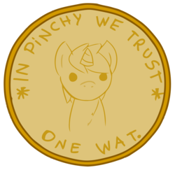 Size: 6020x5840 | Tagged: safe, artist:haute-claire, ruby pinch, pony, unicorn, ask ruby pinch, g4, absurd resolution, ask, coin, female, filly, foal, horn, in pinchy we trust, meme, one wat, penny, simple background, solo, transparent background, tumblr, wat, wat (reaction image)