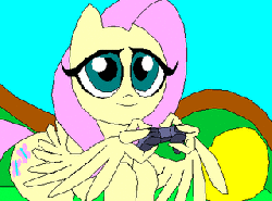 Size: 320x237 | Tagged: safe, artist:terry, fluttershy, pegasus, pony, g4, animated, blue background, controller, couch, cutie mark, female, gamershy, gaming, gif, mare, pillow, playing video games, prone, remote control, simple background, smiling, solo, video game, wat, wing hands