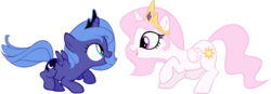 Size: 4282x1491 | Tagged: dead source, safe, artist:pluckyninja, princess celestia, princess luna, alicorn, pony, g4, cewestia, cute, eye contact, female, filly, foal, looking at each other, pink-mane celestia, simple background, sunshine sunshine, transparent background, vector, woona