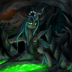 Size: 900x900 | Tagged: dead source, safe, artist:starlightspark, queen chrysalis, changeling, changeling queen, g4, egg, female, hive, solo, tongue out
