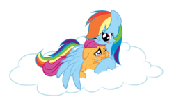 Size: 1300x813 | Tagged: dead source, safe, artist:candyandbiffle, rainbow dash, scootaloo, pegasus, pony, g4, blushing, cloud, comforting, crying, cute, duo, female, filly, floppy ears, foal, hooves, hug, love, lying on a cloud, mare, on a cloud, one eye closed, open mouth, prone, scootalove, simple background, transparent background, winghug, wings