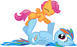 Size: 3142x1939 | Tagged: safe, artist:sharpieboss, rainbow dash, scootaloo, pegasus, pony, g4, cute, cutealoo, female, filly, mare, on back, playing, scootalove, simple background, transparent background