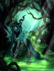 Size: 1354x1777 | Tagged: dead source, safe, artist:nyarmarr, queen chrysalis, changeling, changeling queen, g4, crepuscular rays, female, solo, swamp