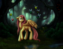 Size: 1277x1000 | Tagged: dead source, safe, artist:nyarmarr, fluttershy, parasprite, pegasus, pony, g4, everfree forest, eyes in the dark, female, floppy ears, forest, mare, water