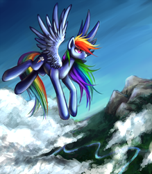 Size: 1578x1800 | Tagged: safe, artist:nyarmarr, rainbow dash, pegasus, pony, g4, cloud, female, flying, mare, mountain, river, solo, spread wings, wings