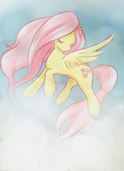 Size: 668x925 | Tagged: safe, artist:monochromaticbay, fluttershy, pegasus, pony, g4, eyes closed, female, flying, mare, solo