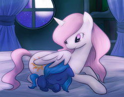 Size: 1145x894 | Tagged: safe, artist:monochromaticbay, princess celestia, princess luna, alicorn, pony, g4, bed, cute, female, filly, night, prone, royal sisters, sibling love, siblings, sisterly love, sisters, sleeping, window, wing blanket, woona