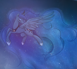 Size: 1400x1260 | Tagged: safe, artist:monochromaticbay, princess luna, alicorn, pony, g4, eyes closed, female, flying, galaxy mane, mare, solo, stars