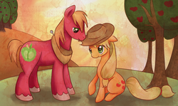 Size: 1286x767 | Tagged: safe, artist:monochromaticbay, applejack, big macintosh, earth pony, pony, g4, female, male, mare, mouth hold, orchard, stallion