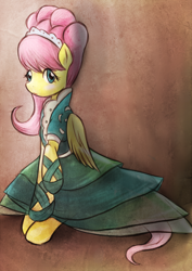 Size: 1062x1500 | Tagged: safe, artist:monochromaticbay, fluttershy, pegasus, pony, g4, alternate hairstyle, clothes, cute, dress, female, mare, modelshy, shyabetes, solo